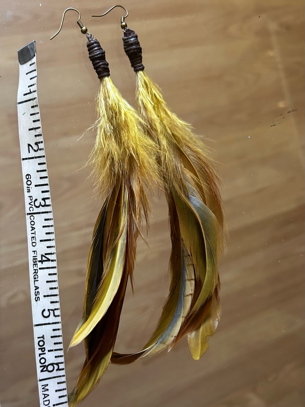 Boho Feather Drop Earrings in Yellow and Brown